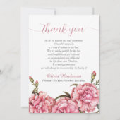 ピンクのカーネーションズソフトホワイトフォトメモリアル サンキューカード (裏面)