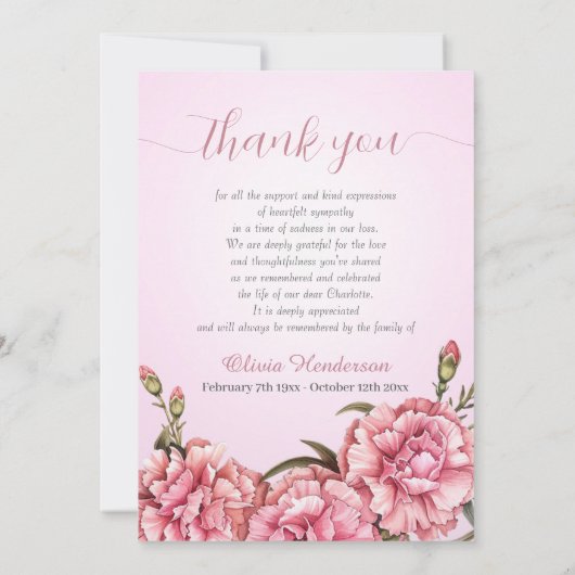 ピンクのカーネーションズソフトホワイトフォトメモリアル サンキューカード (裏面)