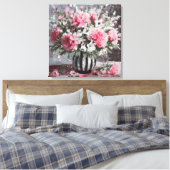 ピンクのカーネーションフローラフラワーアレンジメントブラック キャンバスプリント (インサイチュ (寝室))