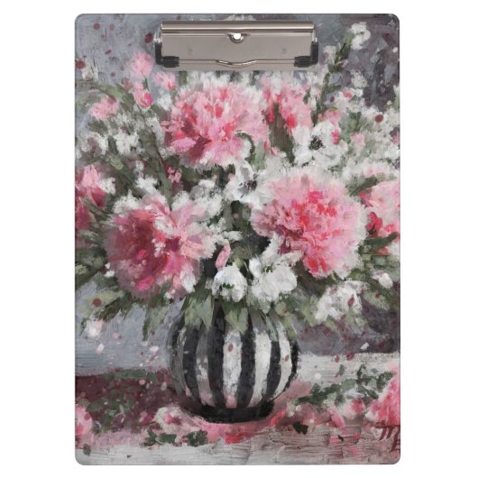 ピンクのカーネーションフローラフラワーアレンジメントブラック クリップボード (正面)