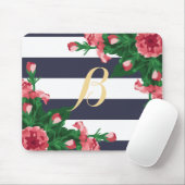 ピンクのカーネーション及び濃紺のストライプのモノグラム マウスパッド (マウス)