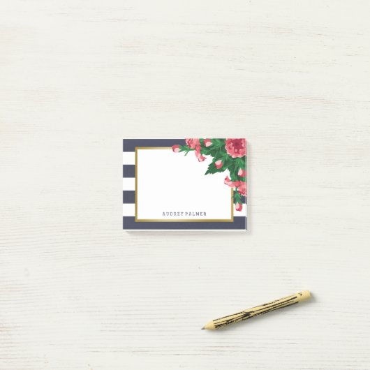 ピンクのカーネーション及び濃紺のストライプの名前をカスタムする ポストイット (デスク上)