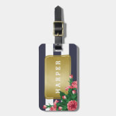 ピンクのカーネーション及び青い縞の名前をカスタムする ラゲッジタグ (正面縦)