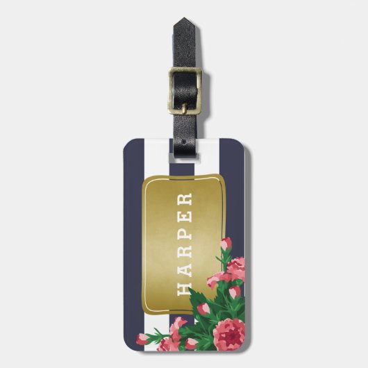 ピンクのカーネーション及び青い縞の名前をカスタムする ラゲッジタグ (正面縦)
