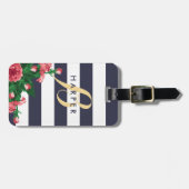 ピンクのカーネーション及び青い縞名前及びモノグラム ラゲッジタグ (正面横)