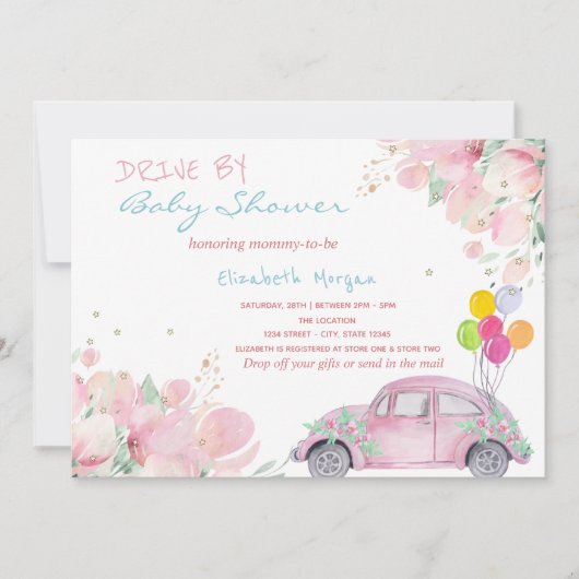 ピンクのカーバルーン花が赤ちゃんシャワーでドライブ 招待状 (正面)