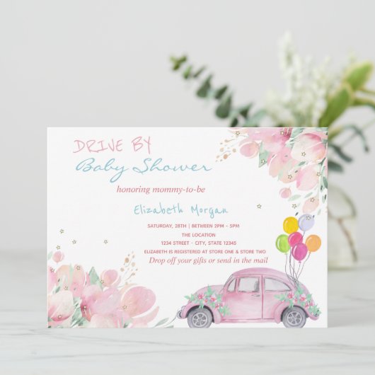 ピンクのカーバルーン花が赤ちゃんシャワーでドライブ 招待状 (スタンド正面)