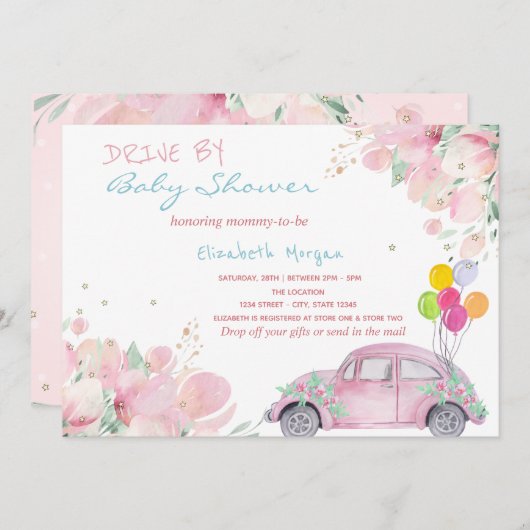ピンクのカーバルーン花が赤ちゃんシャワーでドライブ 招待状 (正面/裏面)