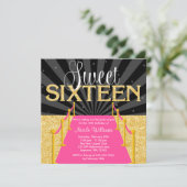 ピンクのカーペットの金ゴールドの魅力的なハリウッドの菓子16の誕生日 招待状 (スタンド正面)