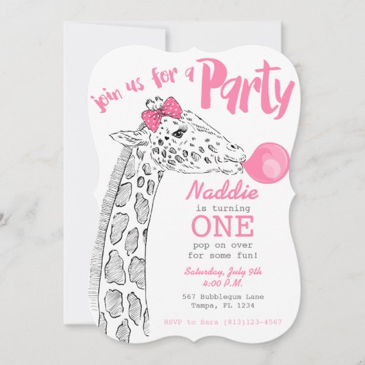 ピンクのガムとキリン パーティー招待状 招待状 (正面)