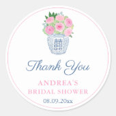 ピンクのガーデンローズのジンジャージャー風ビン 結婚前のお祝いギフト ラウンドシール (正面)