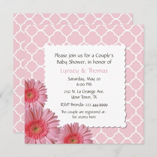 ピンクのガーベラのデイジーのカップルのベビーシャワーの招待状 招待状 (正面/裏面)