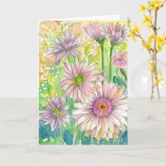 ピンクのガーベラのデイジーの花の花束のハッピーバースデー カード (黄色い花)