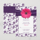 ピンクのガーベラダイシーの紫色のダマスク柄の結婚式のお返事カード 出欠カード (正面/裏面)