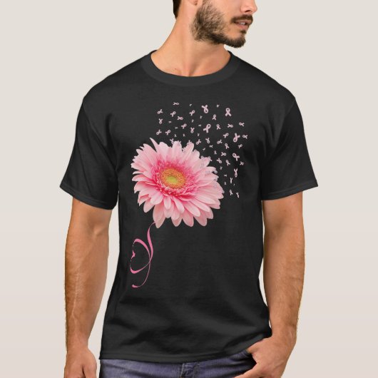 ピンクのガーベラデイジーの花リボン花粉乳房カン Tシャツ (正面)