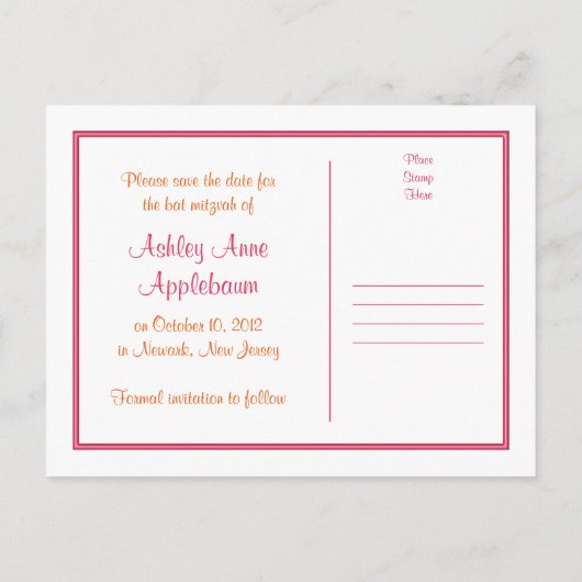 ピンクのガーベラデイジーバルミツワー日付を保存 案内ポストカード (裏面)
