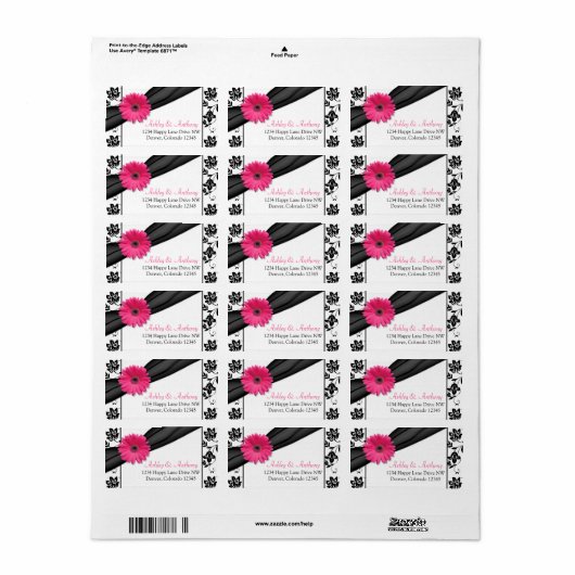 ピンクのガーベラデイジーブラックダマスコウェディングアドレス ラベル (フルシート)