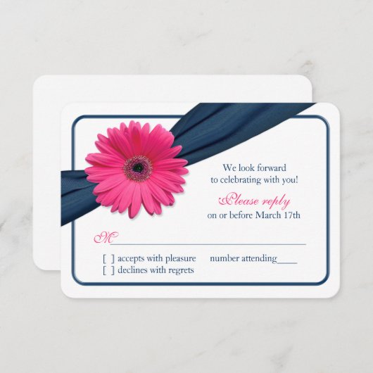ピンクのガーベラデイジー ネイビーブルーのリボン 結婚式の出欠確認 出欠カード (正面/裏面)