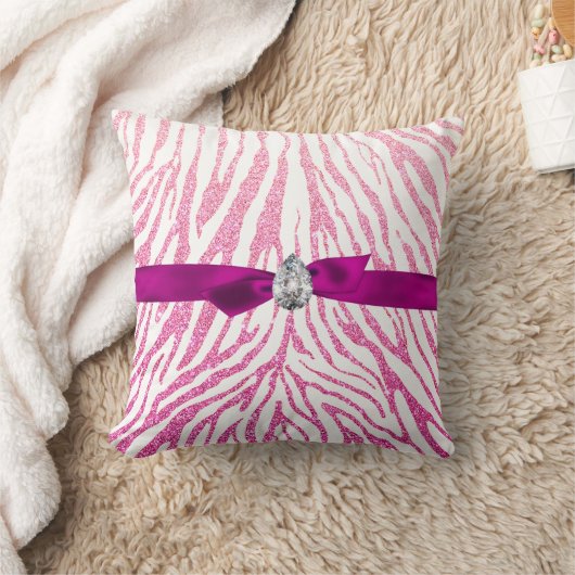 ピンクのガーリーなグリッターのシマウマパターンリボンのダイヤモンド クッション (ブランケット)