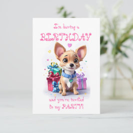 ピンクのガーリーなチワワの誕生日パーティー 招待状
