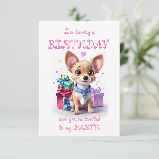 ピンクのガーリーなチワワの誕生日パーティー 招待状 (スタンド正面)