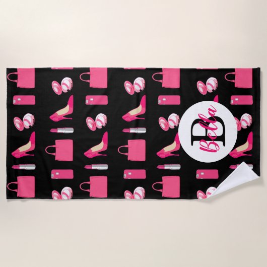 ピンクのガーリーな事--かかとの財布の化粧のデザイン ビーチタオル (正面)