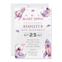 ピンクのガーリースペース宇宙飛行士の誕生日パーティー招待状