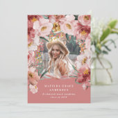 ピンクのガーリーフローラ写真の卒業発表 招待状 (スタンド正面)