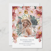 ピンクのガーリーフローラ写真の卒業発表 招待状 (正面)