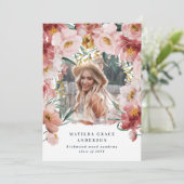 ピンクのガーリーフローラ写真の卒業発表 招待状 (スタンド正面)