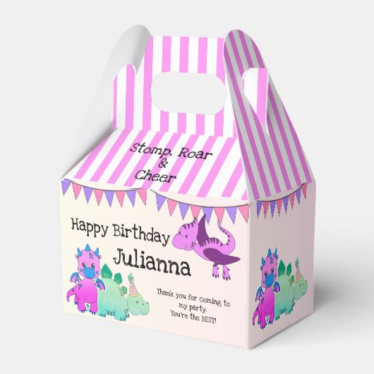 ピンクのガーリー恐竜の子供パーティー フェイバーボックス (裏面サイド)