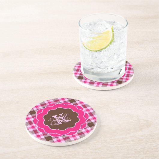 ピンクのガーリー格子模様のモノグラム鱗片状枠 コースター (側面)
