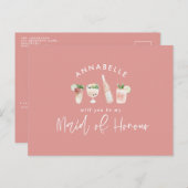 ピンクのガーリー水色のカクテルメイド・オブ・オーナー（花嫁付き添い人）シック インビテーションポストカード (正面/裏面)