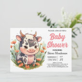 ピンクのガーリー牛のエレガント赤ちゃんシャワー 招待状 (スタンド正面)