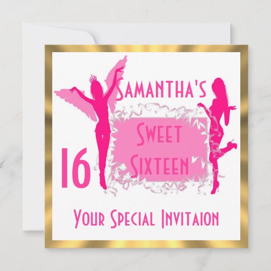 ピンクのガーリーsweet sixteenパーティー 招待状 (正面)