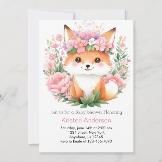 ピンクのキツネお洒落メドウフォレストガールベビーシャワー 招待状 (正面)