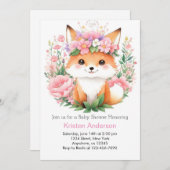 ピンクのキツネお洒落メドウフォレストガールベビーシャワー 招待状 (正面/裏面)