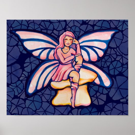 ピンクのキノコ妖精の水の色のアート妖精 ポスター (正面)