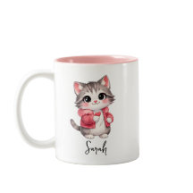 ピンクのキャラクター子猫パーソナライズド コーヒーマグ