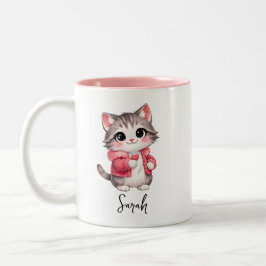 ピンクのキャラクター子猫パーソナライズド コーヒーマグ ツートーンマグカップ
