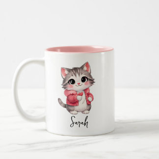 ピンクのキャラクター子猫パーソナライズド コーヒーマグ ツートーンマグカップ
