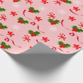 ピンクのキャンディーケーンと赤いリボンのクリスマスベリー ラッピングペーパー (角)