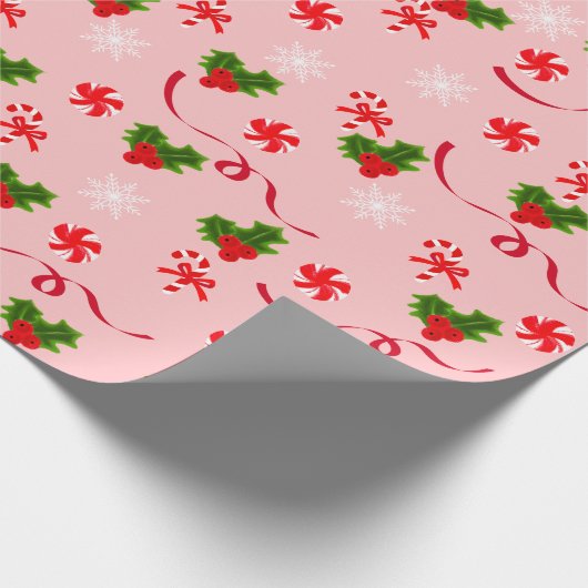 ピンクのキャンディーケーンと赤いリボンのクリスマスベリー ラッピングペーパー (角)