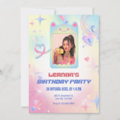 ピンクのキュートな子猫の写真フレーム y2k 誕生日 招待状 (正面)