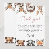 ピンクのキュートな森の動物 ベビーシャワー サンキューカード (正面/裏面)