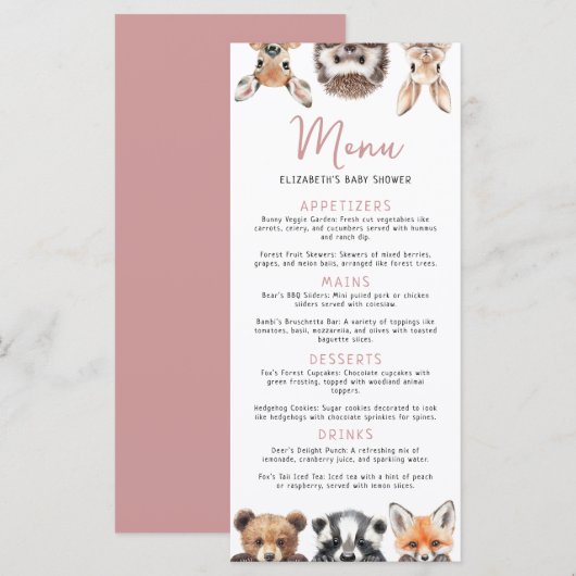 ピンクのキュートな水彩画の森林の動物たち ベビーシャワー メニュー (正面/裏面)