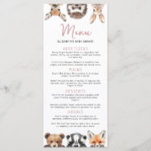 ピンクのキュートな水彩画の森林の動物たち ベビーシャワー メニュー (正面)