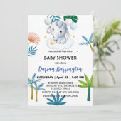 ピンクのキュートな赤ちゃん象 花のベビーシャワー 子供 招待状 (スタンド正面)