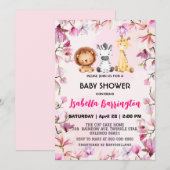 ピンクのキュートな野生の子サファリ フラワー ベビーシャワー キッズ 招待状 (正面/裏面)