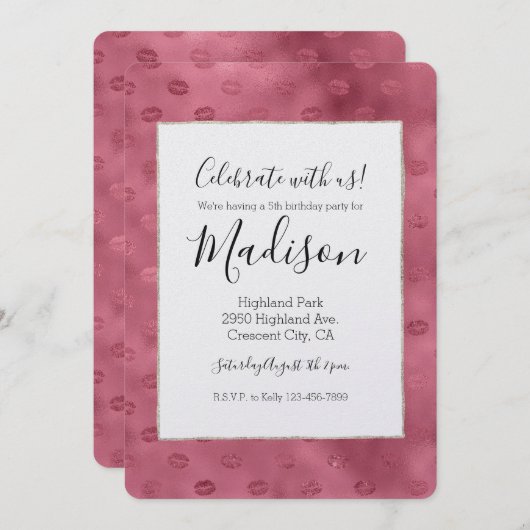 ピンクのキラキラした唇 招待状 (正面/裏面)